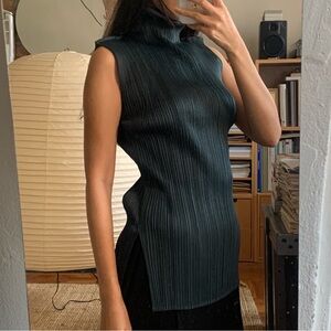 Issey Miyake Pleats Please Turleneck Sleeveless Top Dark Green